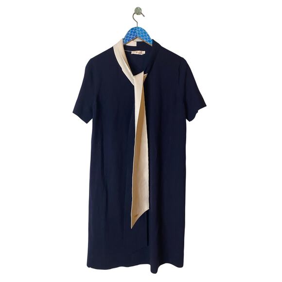 TORY BURCH Merino Blend Navy Ivory Bow Neck Shift Dress Size XL - Picture 1 of 8